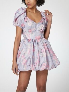 LoveShackFancy Hansel Floral Puff Tie Sleeve Mini Dress Lavender Hibiscus size 8